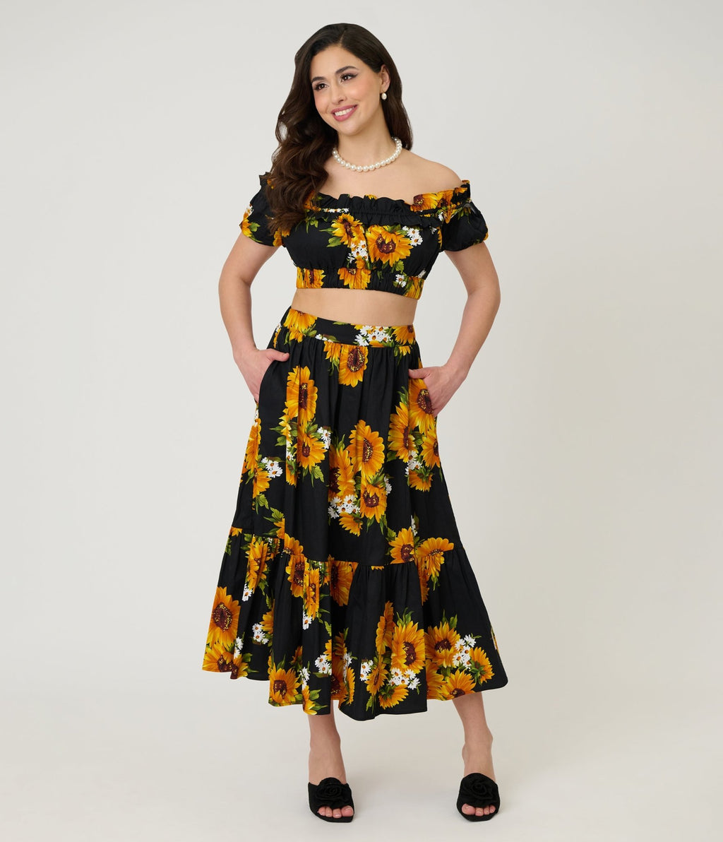 Unique Vintage Black Sunflower Tiered Midi Skirt - Unique Vintage - Womens, BOTTOMS, SKIRTS