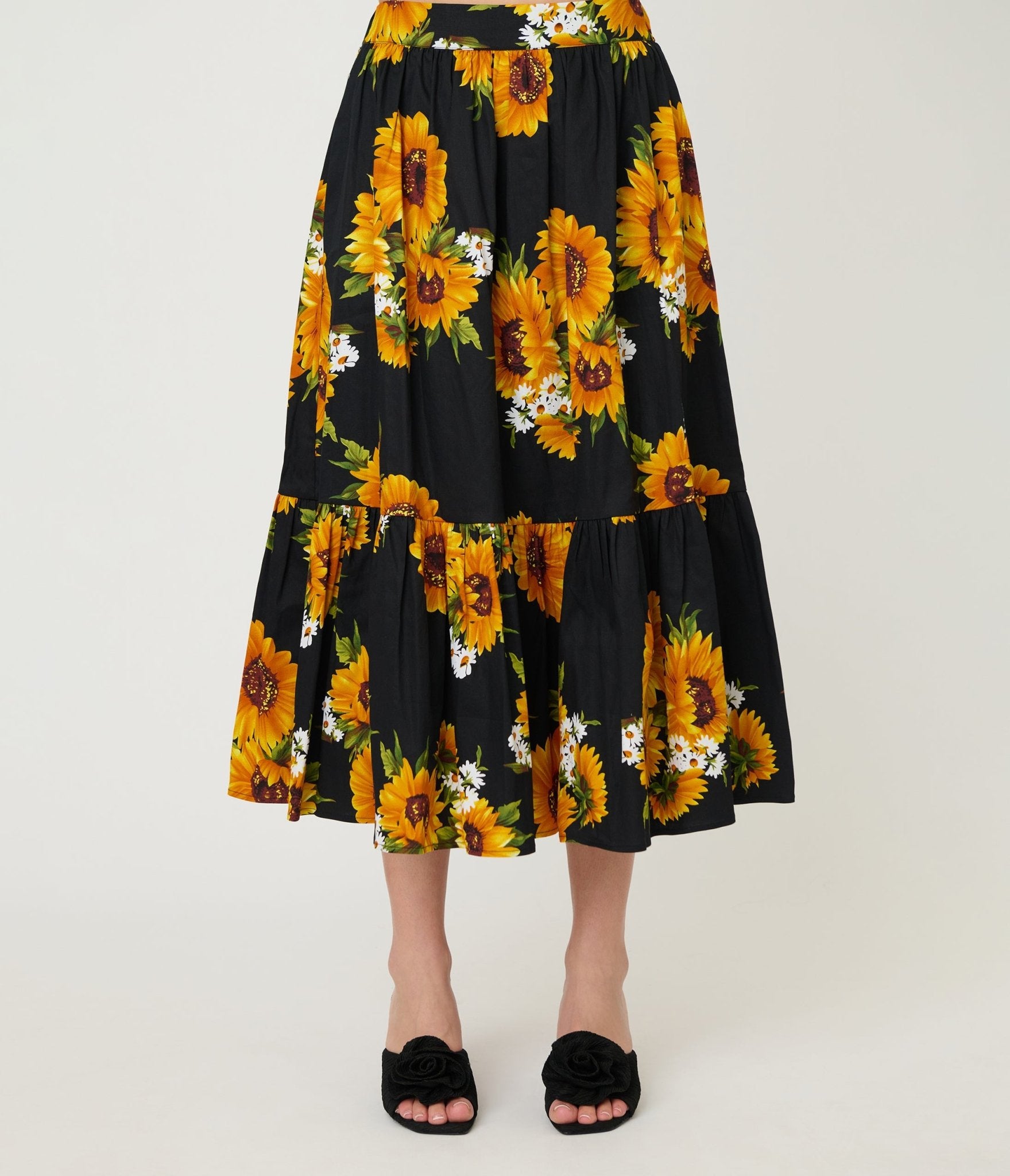 Unique Vintage Black Sunflower Tiered Midi Skirt - Unique Vintage - Womens, BOTTOMS, SKIRTS