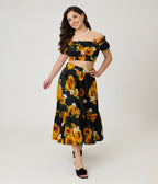 Unique Vintage Black Sunflower Tiered Midi Skirt - Unique Vintage - Womens, BOTTOMS, SKIRTS