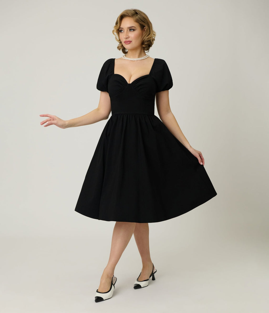 Unique Vintage Black Sweetheart Puff Sleeve Swing Dress S/4-6