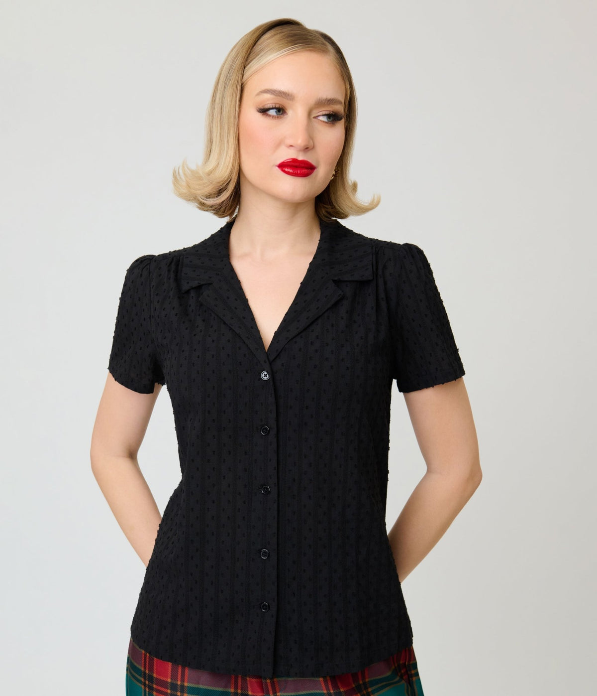 Unique Vintage Black Swiss Dot Notched Collar Blouse - Unique Vintage - Blouses