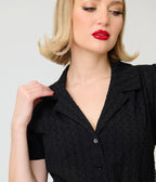 Unique Vintage Black Swiss Dot Notched Collar Blouse - Unique Vintage - Blouses
