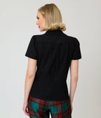 Unique Vintage Black Swiss Dot Notched Collar Blouse - Unique Vintage - Blouses