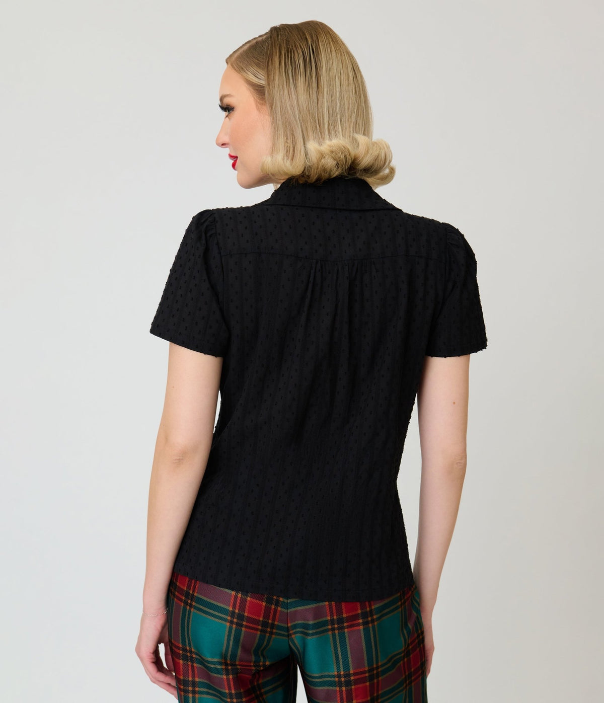 Unique Vintage Black Swiss Dot Notched Collar Blouse - Unique Vintage - Blouses
