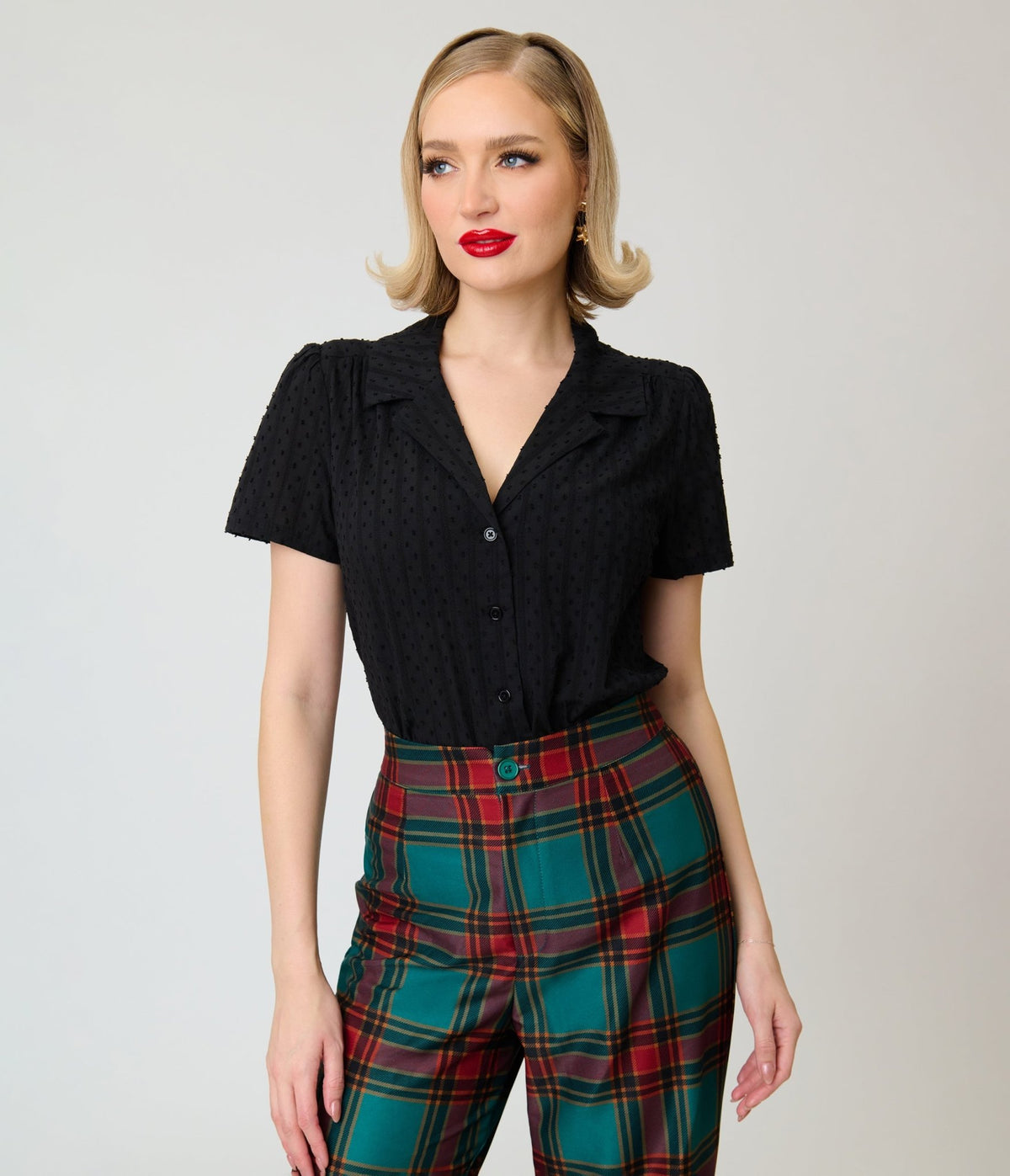 Unique Vintage Black Swiss Dot Notched Collar Blouse - Unique Vintage - Blouses