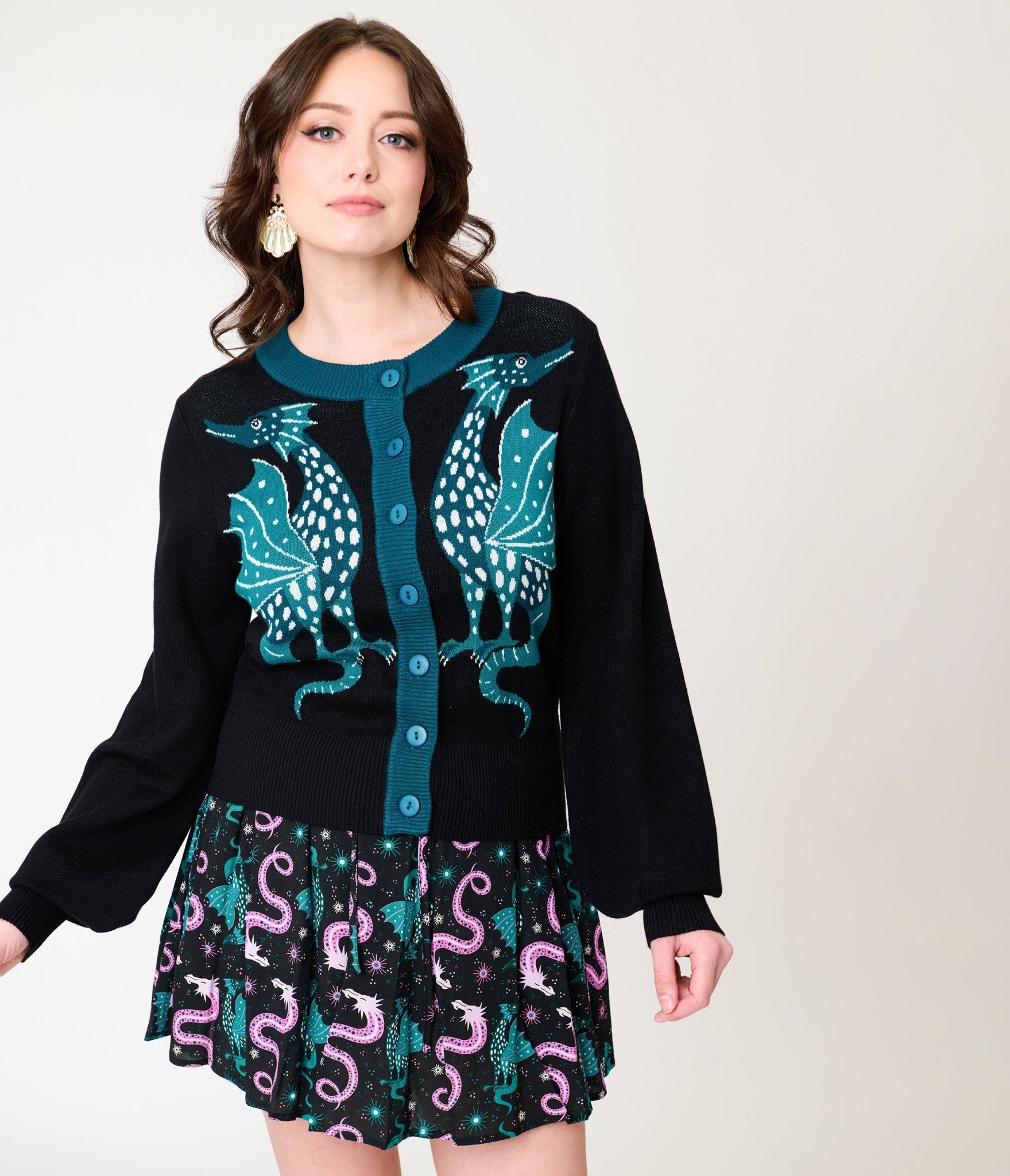Unique Vintage Black & Teal Dragon Cropped Cardigan - Unique Vintage - Womens, TOPS, SWEATERS