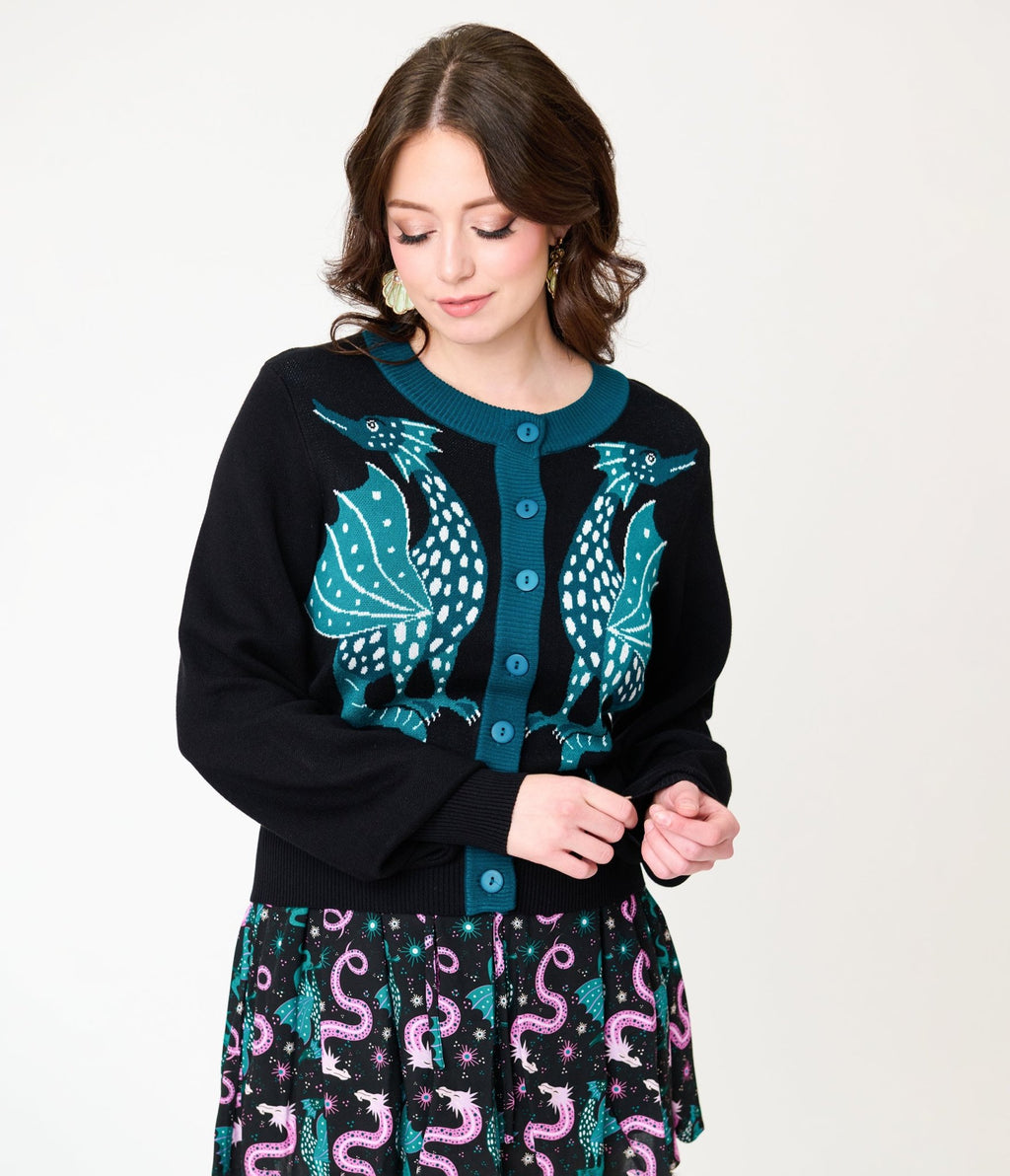 Unique Vintage Black & Teal Dragon Cropped Cardigan - Unique Vintage - Womens, TOPS, SWEATERS