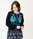 Unique Vintage Black & Teal Dragon Cropped Cardigan - Unique Vintage - Womens, TOPS, SWEATERS