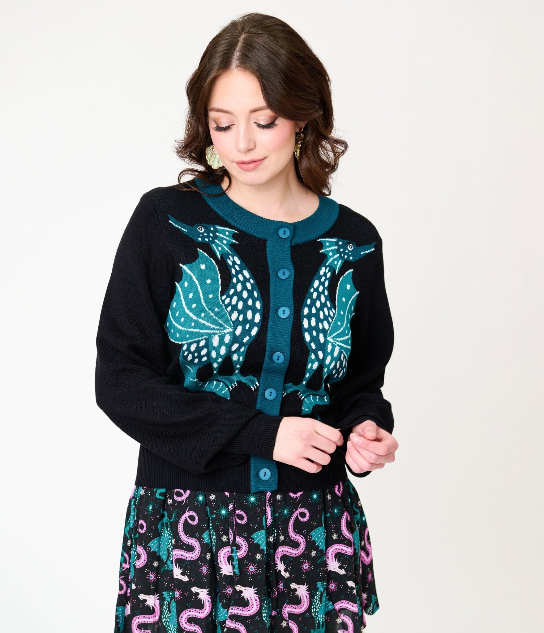 Unique Vintage Black & Teal Dragon Cropped Cardigan - Unique Vintage - Womens, TOPS, SWEATERS