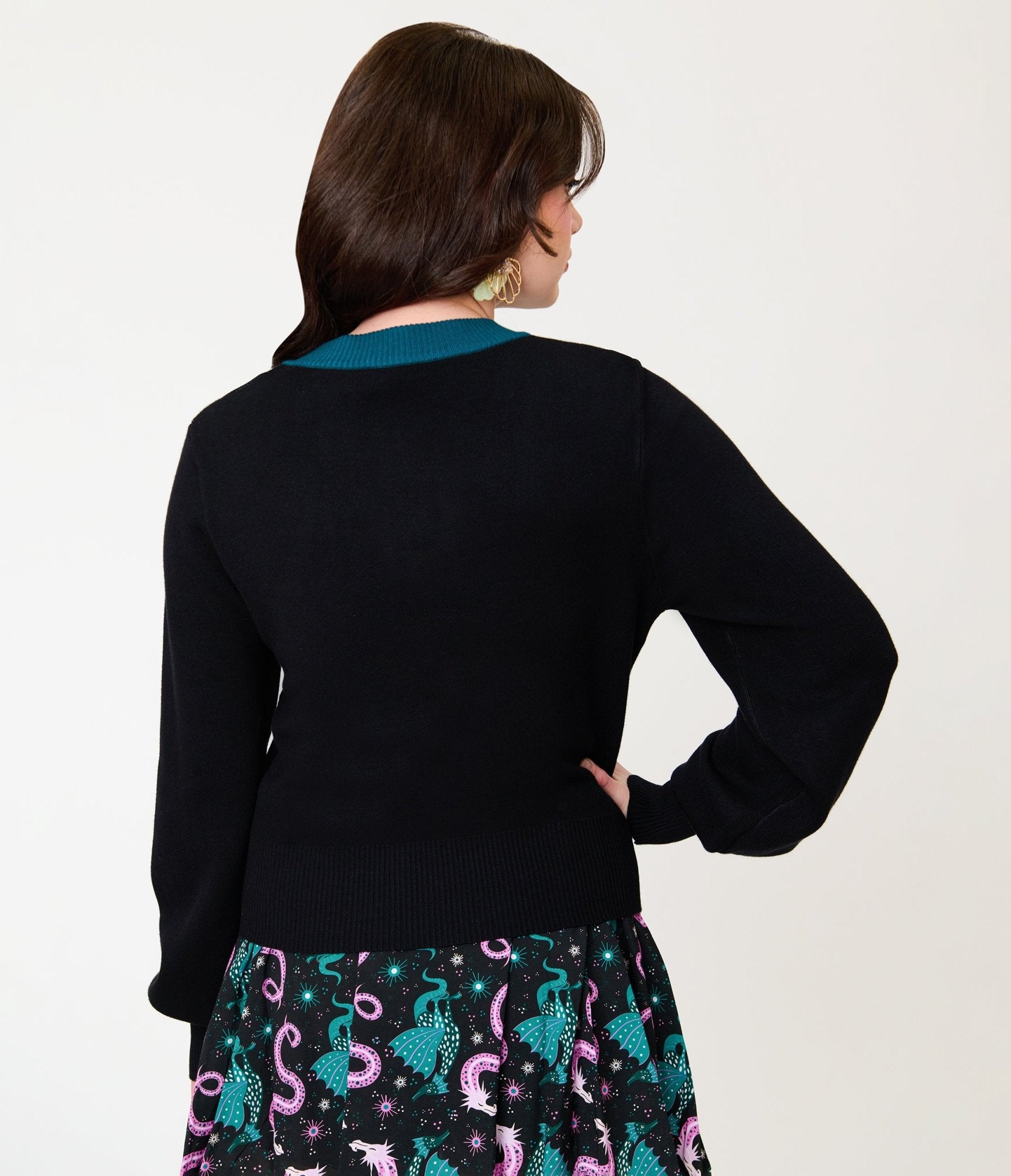 Unique Vintage Black & Teal Dragon Cropped Cardigan - Unique Vintage - Womens, TOPS, SWEATERS