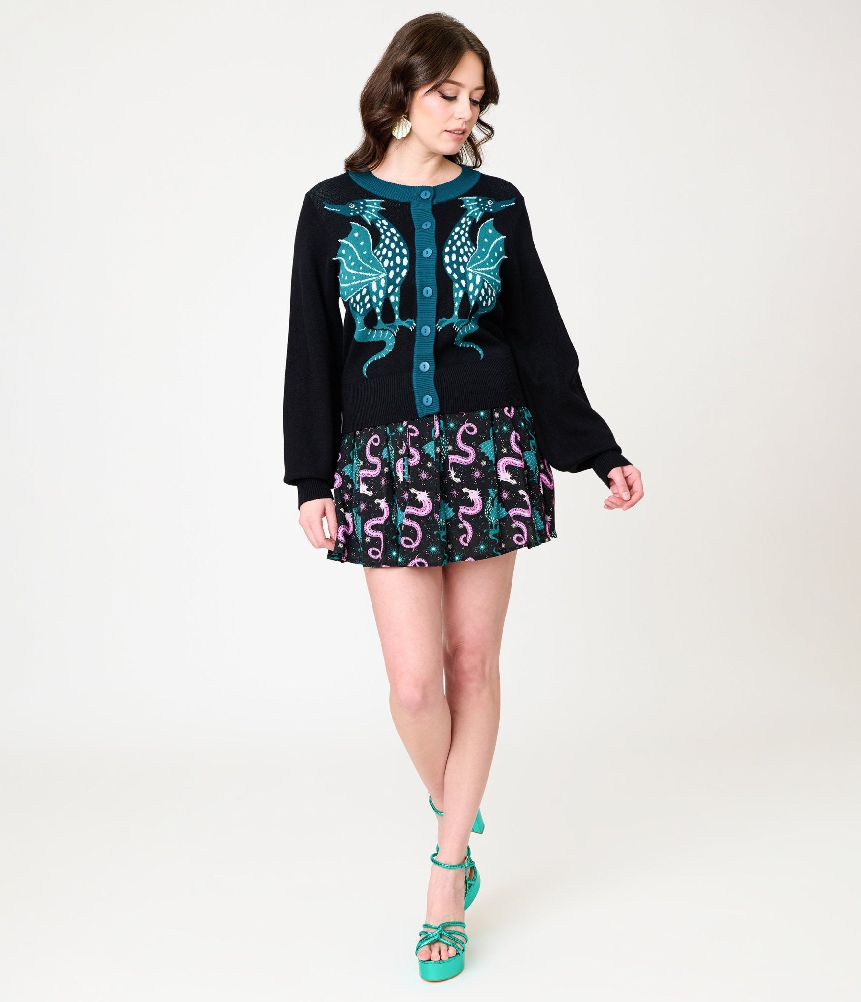 Unique Vintage Black & Teal Dragon Cropped Cardigan - Unique Vintage - Womens, TOPS, SWEATERS