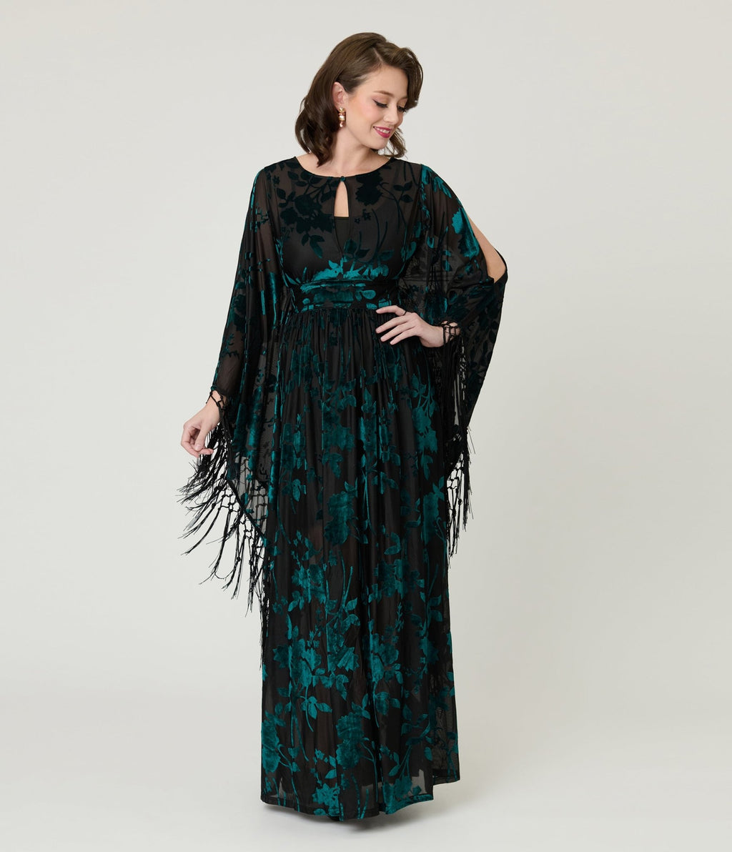 Unique Vintage Black & Teal Floral Velvet Burnout Flutter Sleeve Caftan - Unique Vintage - Womens, DRESSES, MAXI