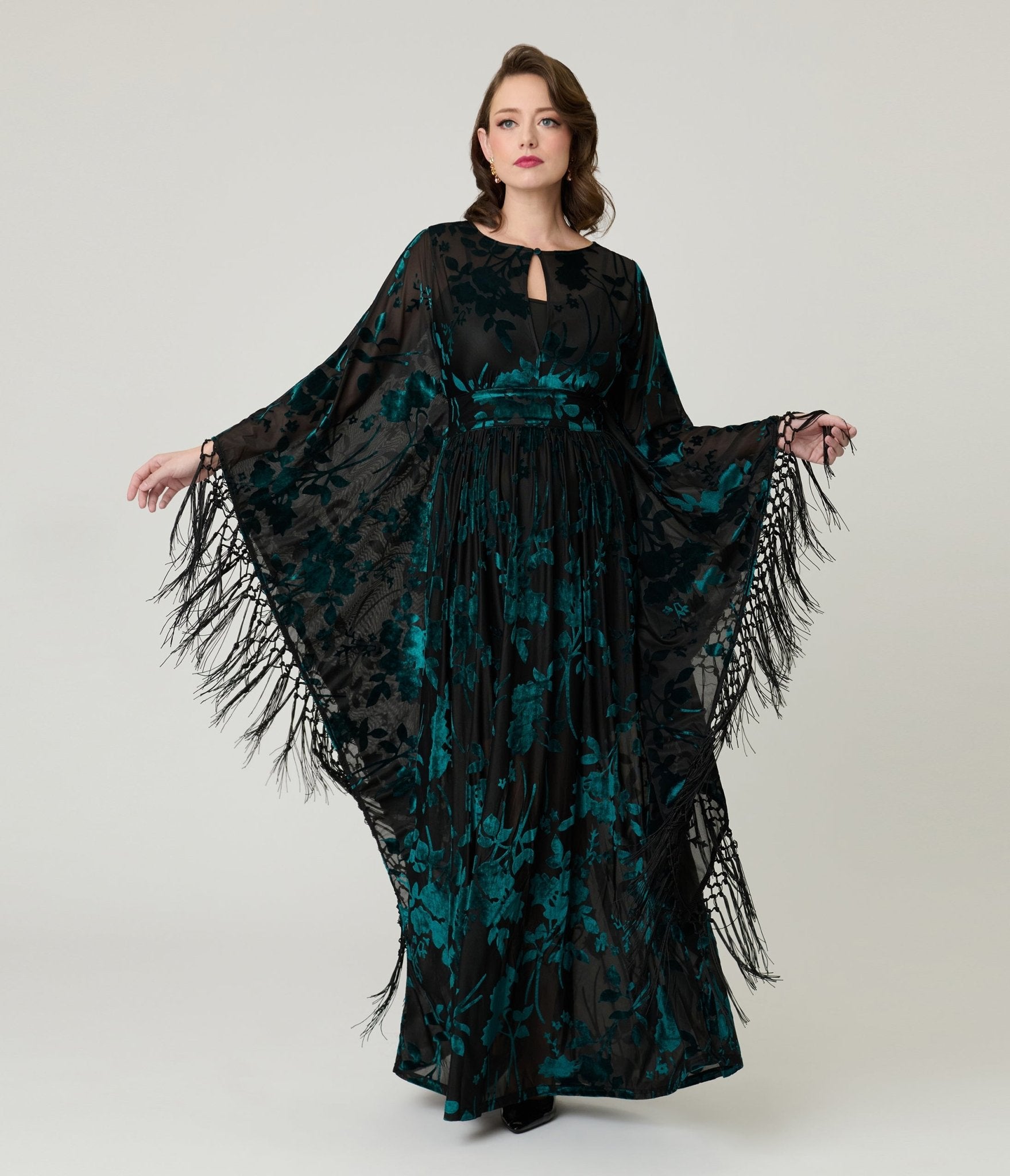 Unique Vintage Black & Teal Floral Velvet Burnout Flutter Sleeve Cafta Unique Vintage Black & Teal Floral Velvet Burnout Flutter Sleeve Cafta
