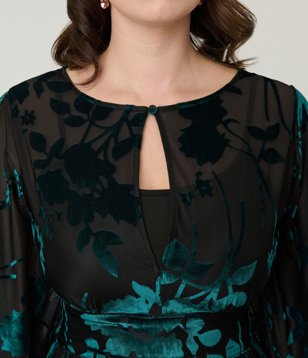 Unique Vintage Black & Teal Floral Velvet Burnout Flutter Sleeve Caftan - Unique Vintage - Womens, DRESSES, MAXI