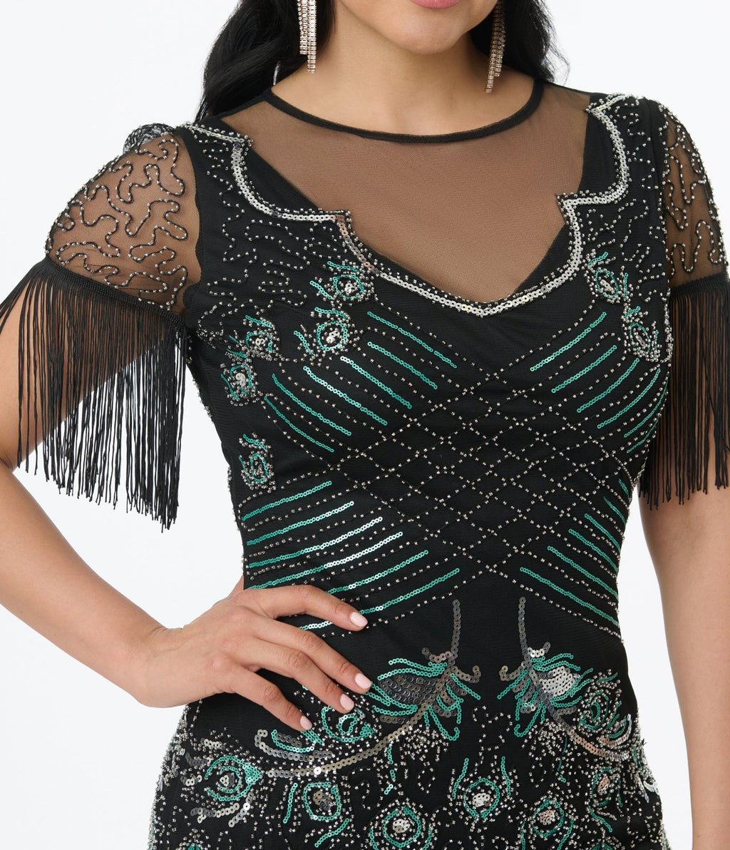 Unique Vintage Black & Teal Peacock Beaded Nadine Fringe Flapper Dress - Unique Vintage - Womens, FLAPPER, SLEEVED BEADED