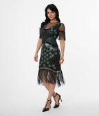 Unique Vintage Black & Teal Peacock Beaded Nadine Fringe Flapper Dress - Unique Vintage - Womens, FLAPPER, SLEEVED BEADED