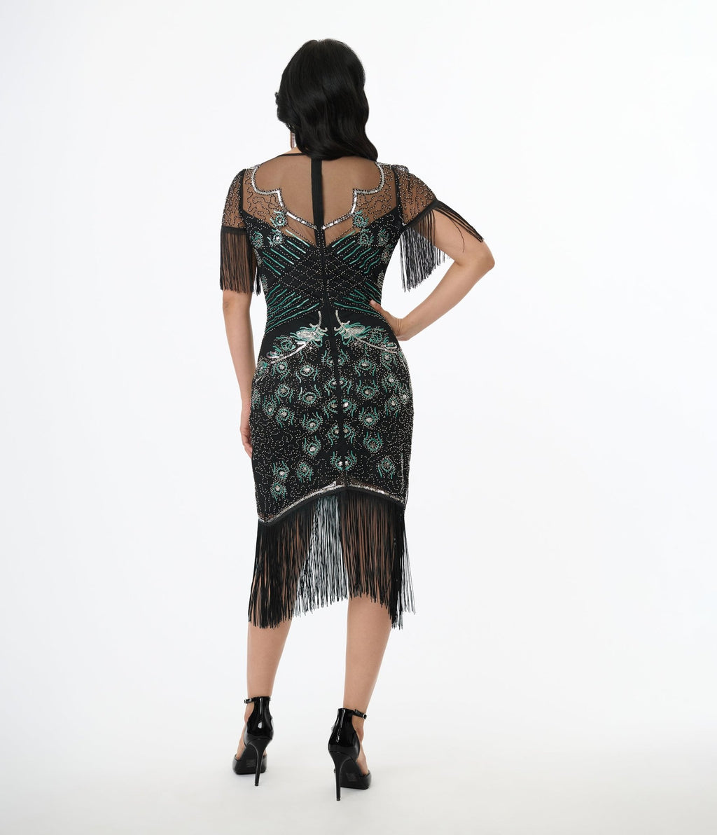 Unique Vintage Black & Teal Peacock Beaded Nadine Fringe Flapper Dress - Unique Vintage - Womens, FLAPPER, SLEEVED BEADED