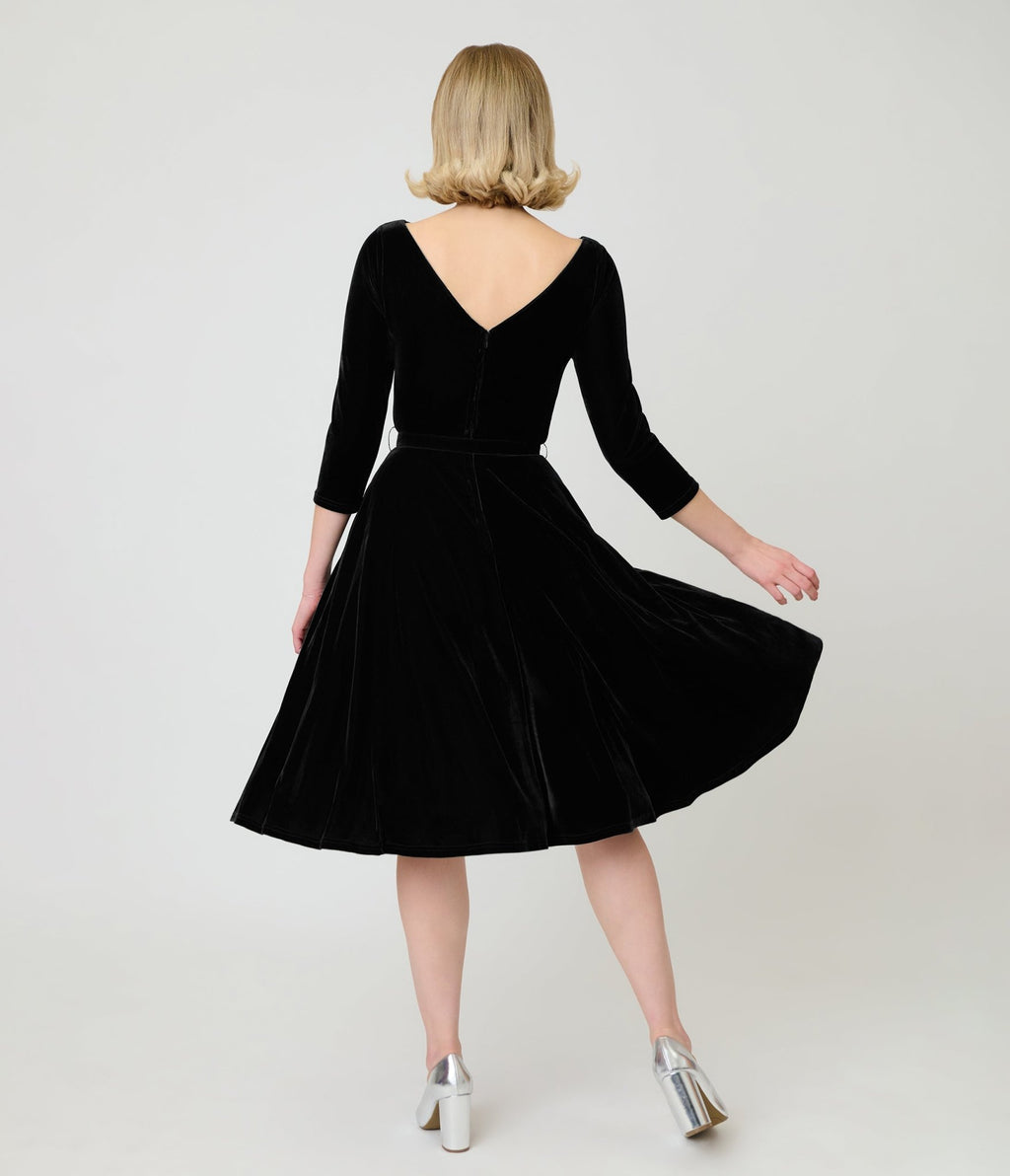 Unique Vintage Black Velvet Devon Swing Dress - Unique Vintage - Swing Dresses