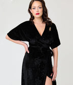 Unique Vintage Black Velvet Embossed Wrap Midi Dress - Unique Vintage - Womens, DRESSES, MIDI
