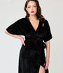 Unique Vintage Black Velvet Embossed Wrap Midi Dress