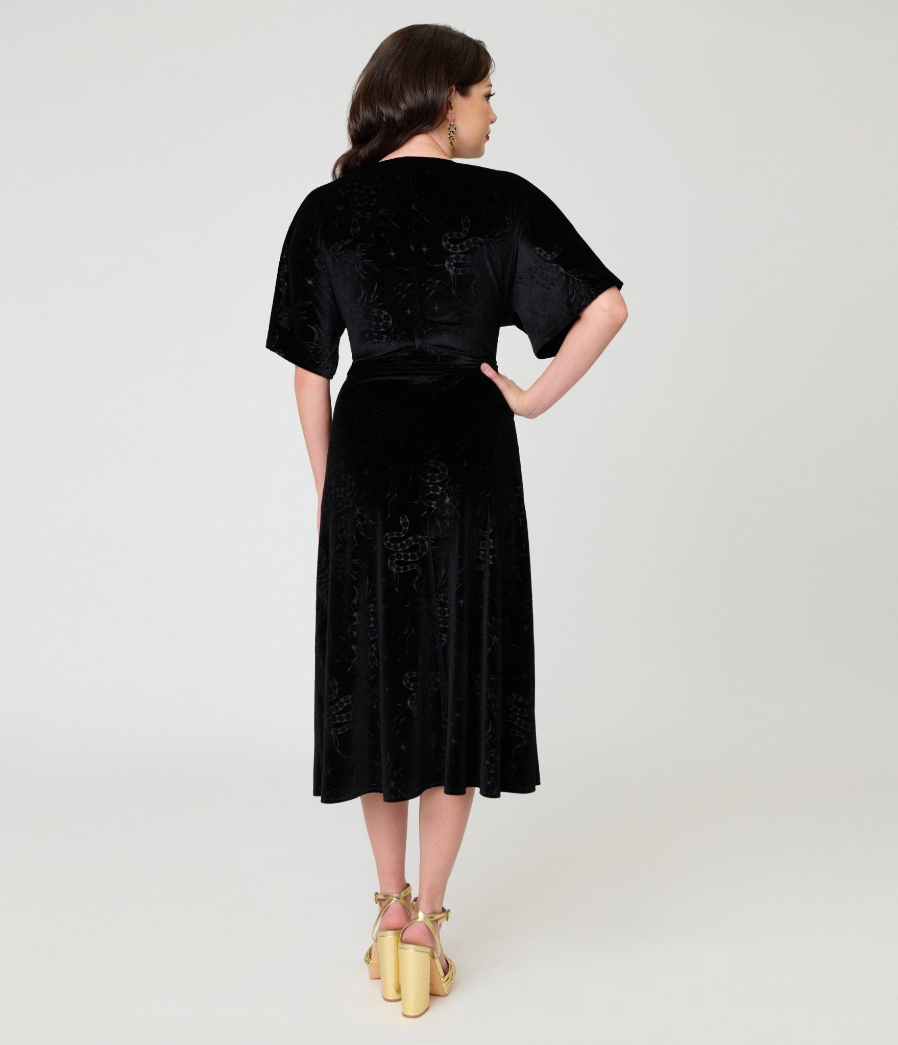 Unique Vintage Black Velvet Embossed Wrap Midi Dress