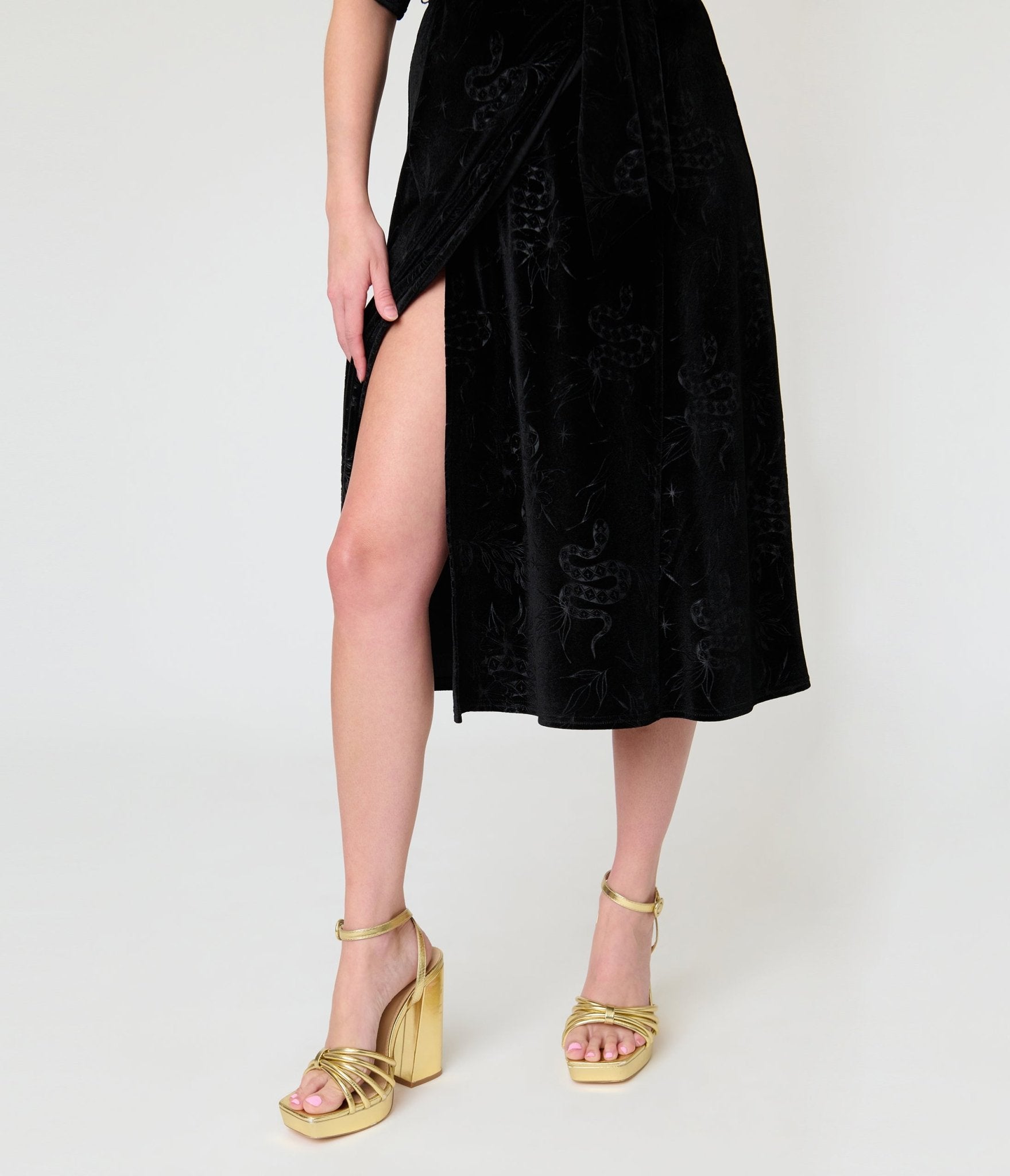 Unique Vintage Black Velvet Embossed Wrap Midi Dress - Unique Vintage - Womens, DRESSES, MIDI