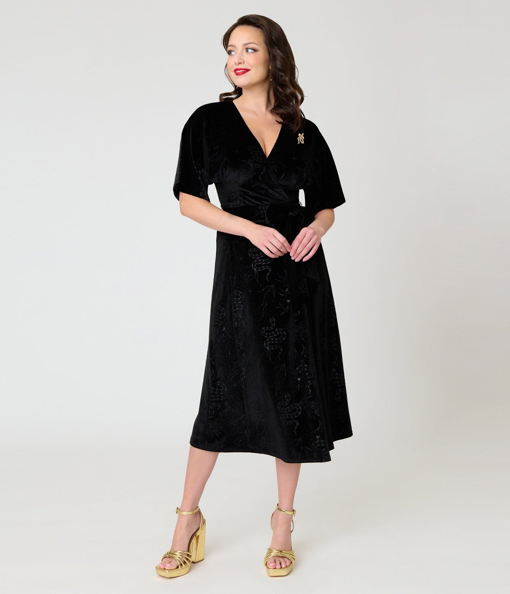 Unique Vintage Black Velvet Embossed Wrap Midi Dress - Unique Vintage - Womens, DRESSES, MIDI
