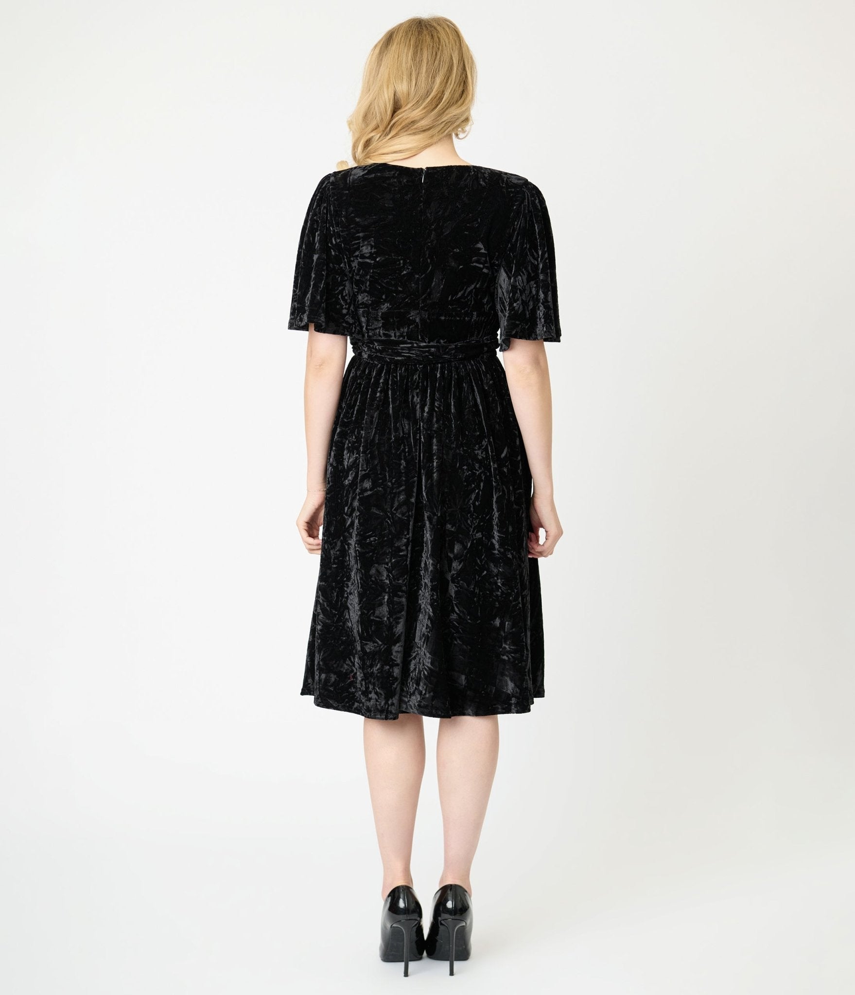 Unique Vintage Black Velvet Flutter Sleeve Lenora Swing Dress