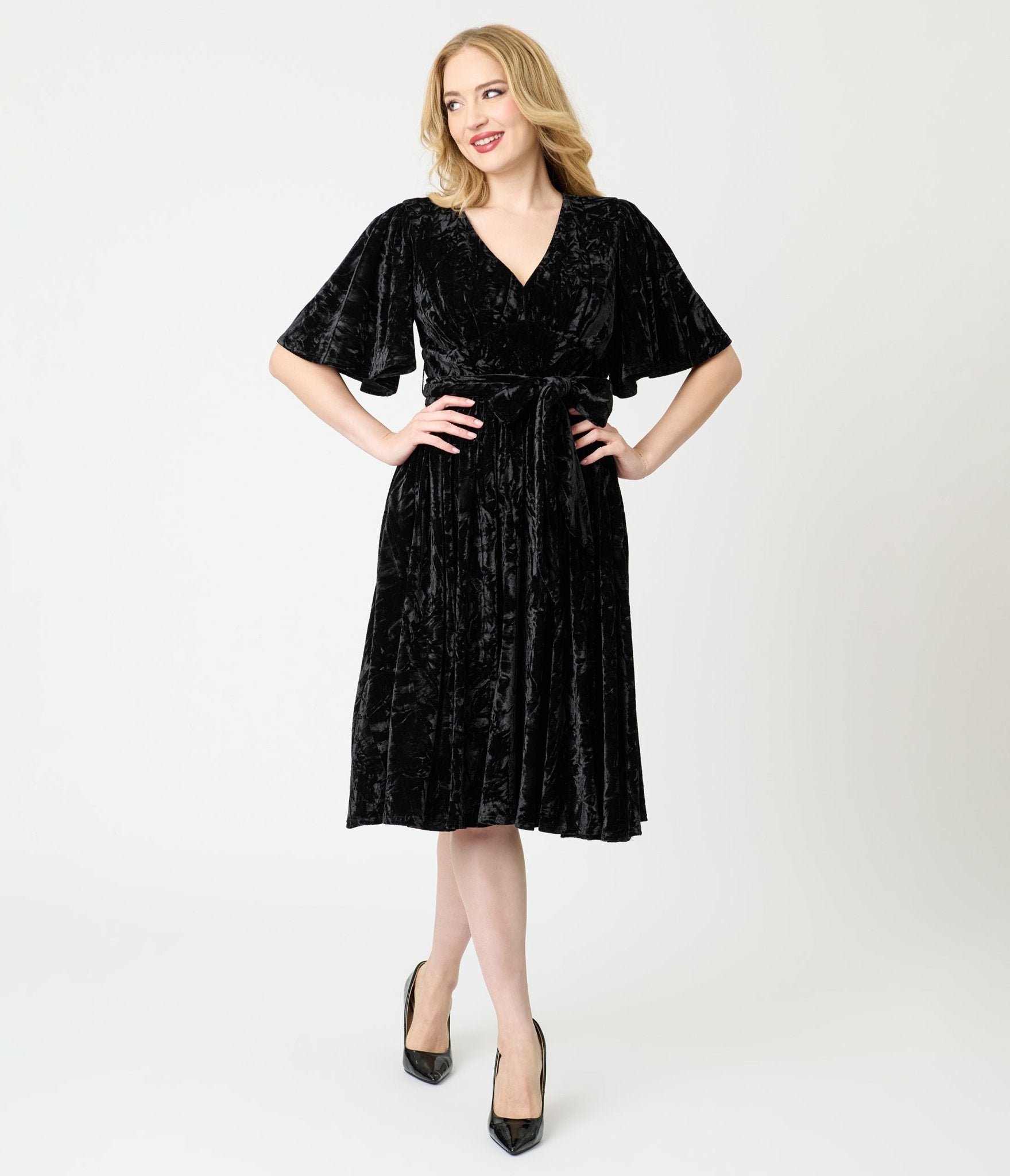 Unique Vintage Black Velvet Flutter Sleeve Lenora Swing Dress