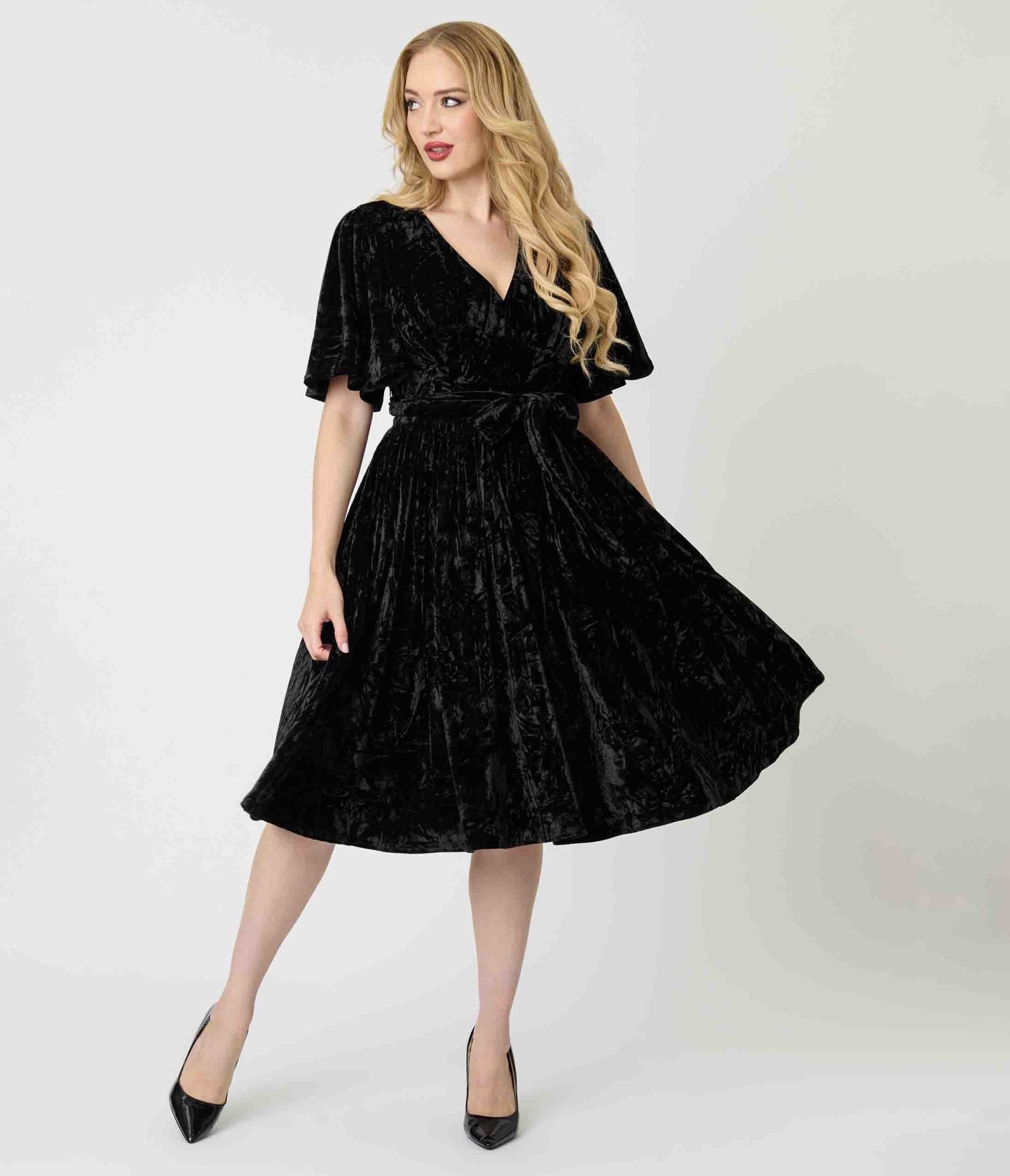 Unique Vintage Black Velvet Flutter Sleeve Lenora Swing Dress - Unique Vintage - Womens, DRESSES, SWING