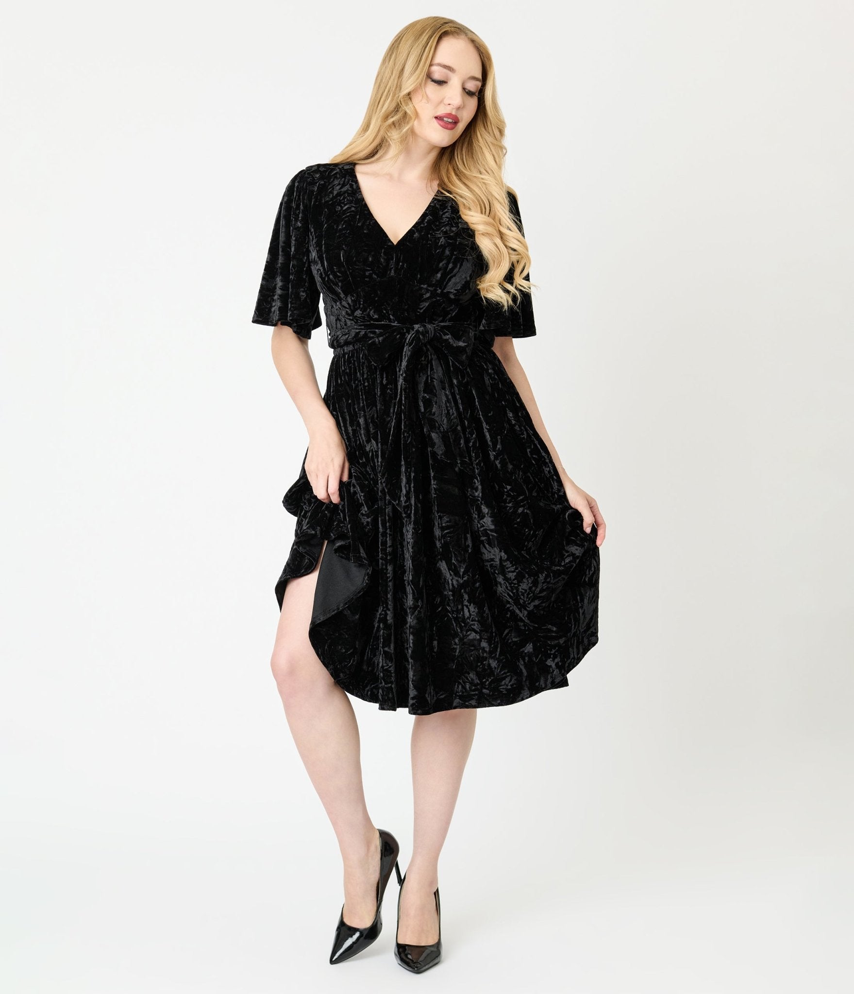 Unique Vintage Black Velvet Flutter Sleeve Lenora Swing Dress