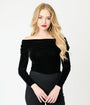 Unique Vintage Black Velvet Folded Shoulder Knit Top