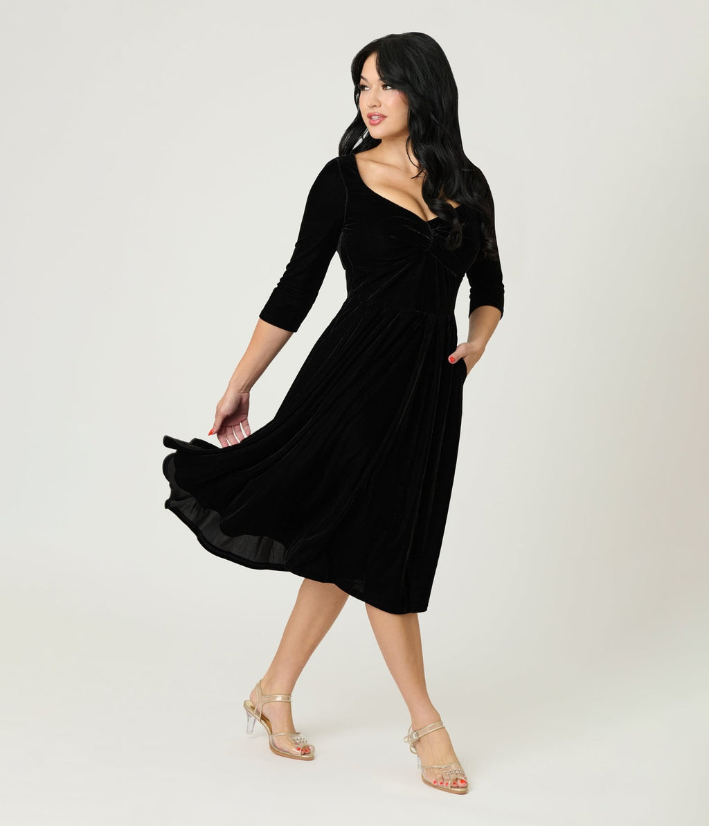 Unique Vintage Black Velvet Front Twist Swing Dress - Unique Vintage - Womens, DRESSES, SWING