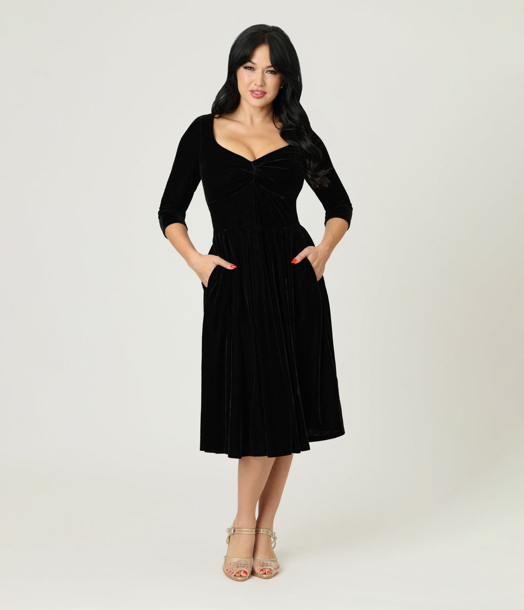 Unique Vintage Black Velvet Front Twist Swing Dress - Unique Vintage - Womens, DRESSES, SWING