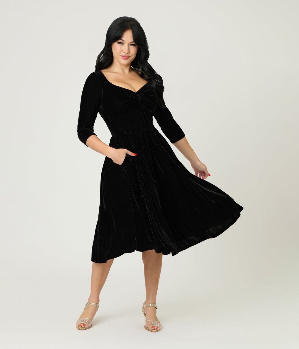 Unique Vintage Black Velvet Front Twist Swing Dress Unique Vintage Black Velvet Front Twist Swing Dress