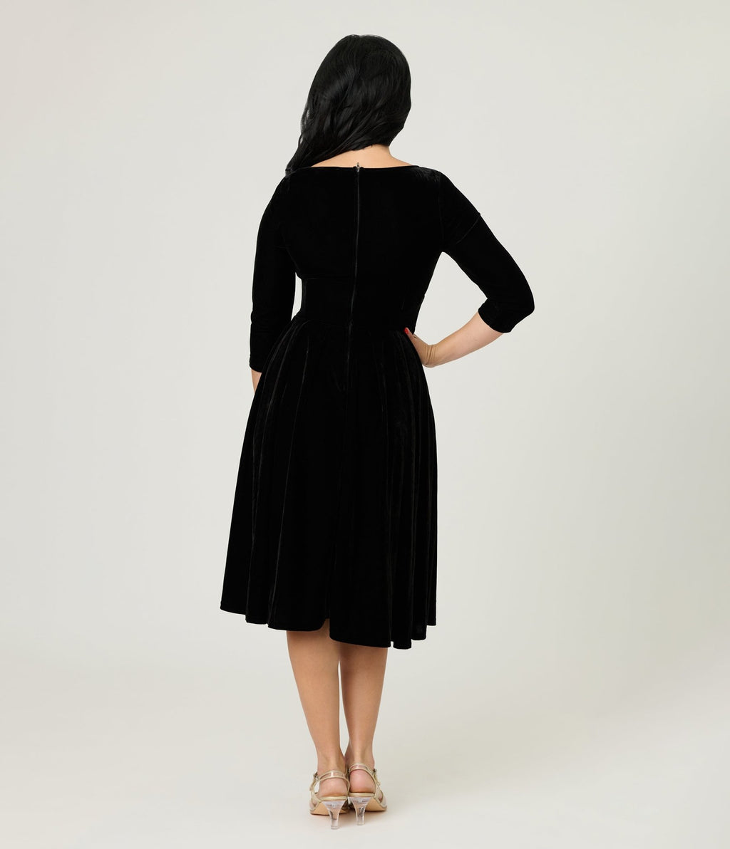 black velvet cocktail dress Black velour cocktail dress, edge of the shoulder, full circle skirt vintage 50's style party dress, bridesmaid dress
