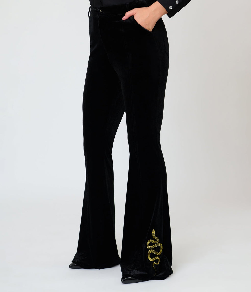 Unique Vintage Black Velvet Gold Snake Embroidered Flare Pants - Unique Vintage -
