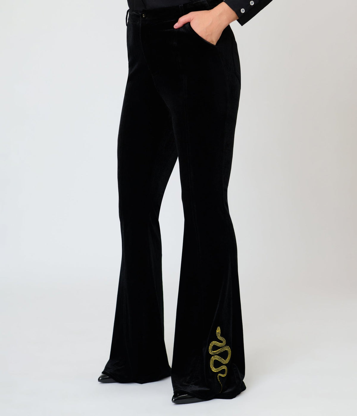 Unique Vintage Black Velvet Gold Snake Embroidered Flare Pants - Unique Vintage -