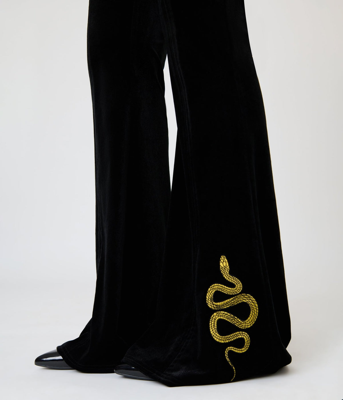 Unique Vintage Black Velvet Gold Snake Embroidered Flare Pants - Unique Vintage -