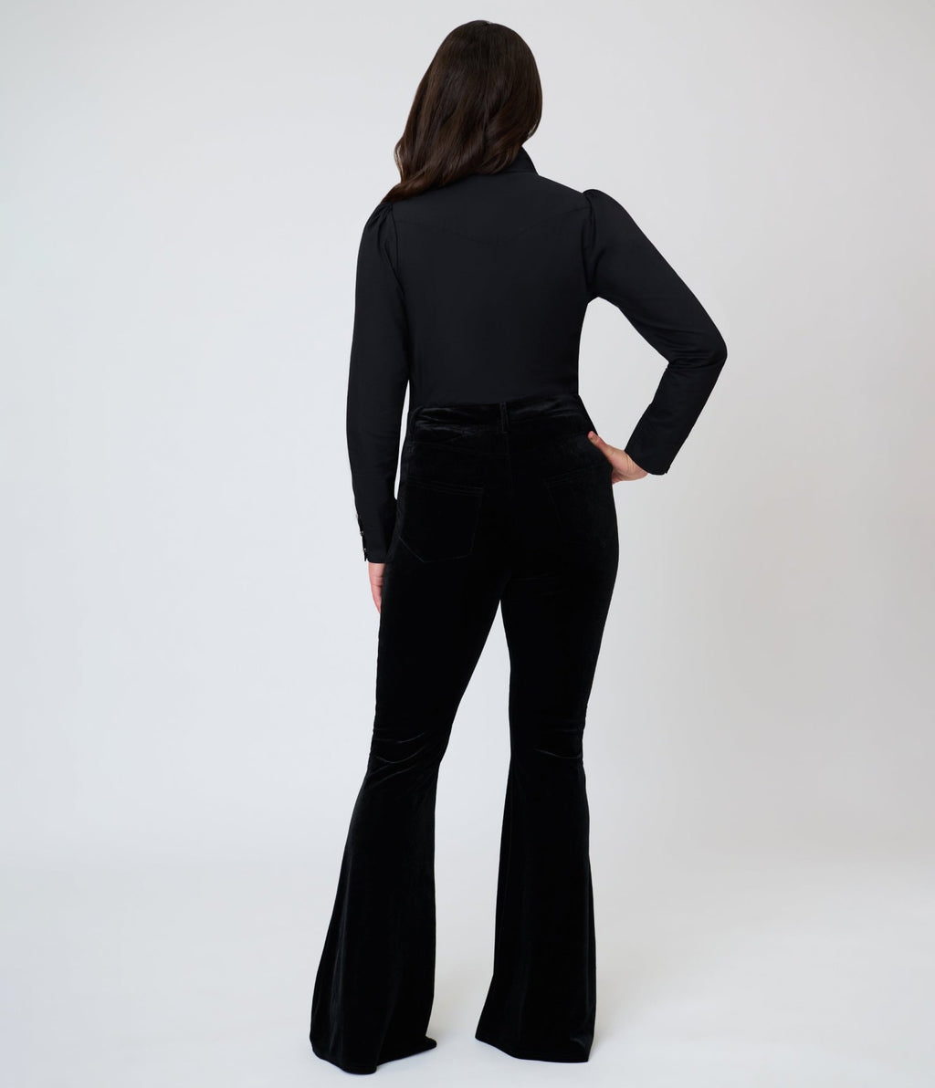 Unique Vintage Black Velvet Gold Snake Embroidered Flare Pants - Unique Vintage -