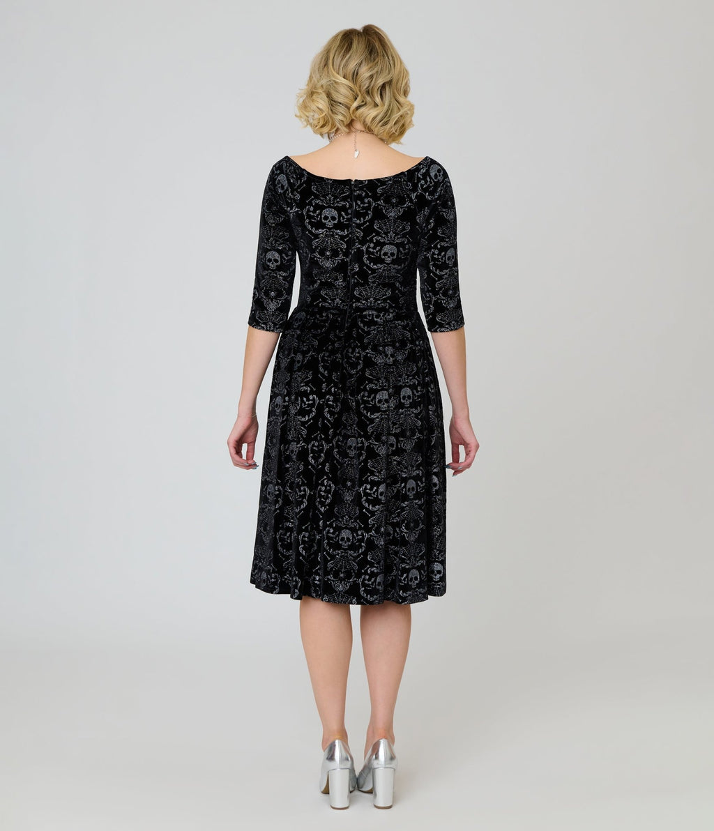 Unique Vintage Black Velvet Skull Print Marceline Swing Dress - Unique Vintage - Womens, DRESSES, SWING