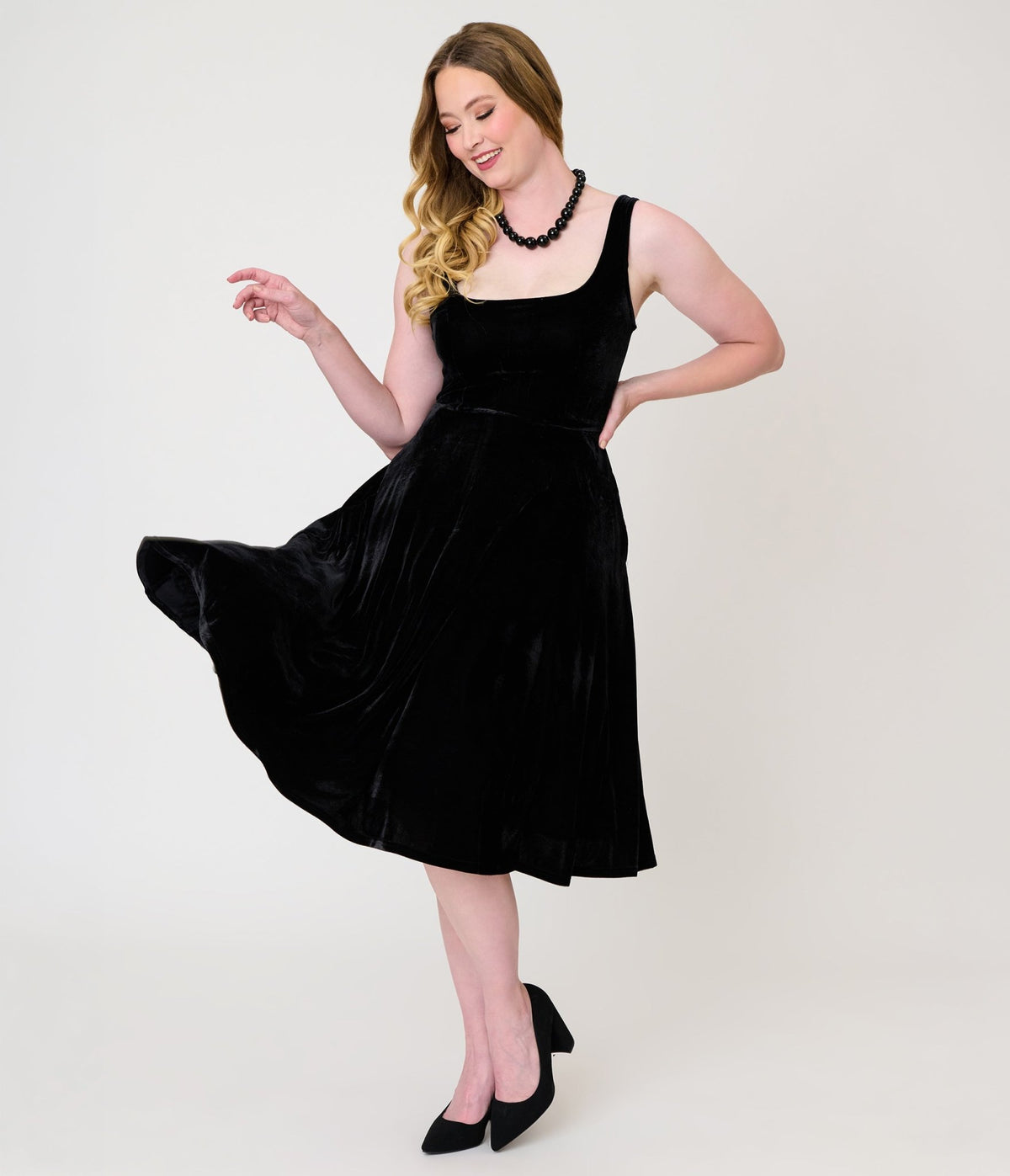 Unique Vintage Black Velvet Square Neck Pleated Sylvia Swing Dress - Unique Vintage - Womens, DRESSES, SWING