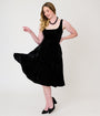 Unique Vintage Black Velvet Square Neck Pleated Sylvia Swing Dress