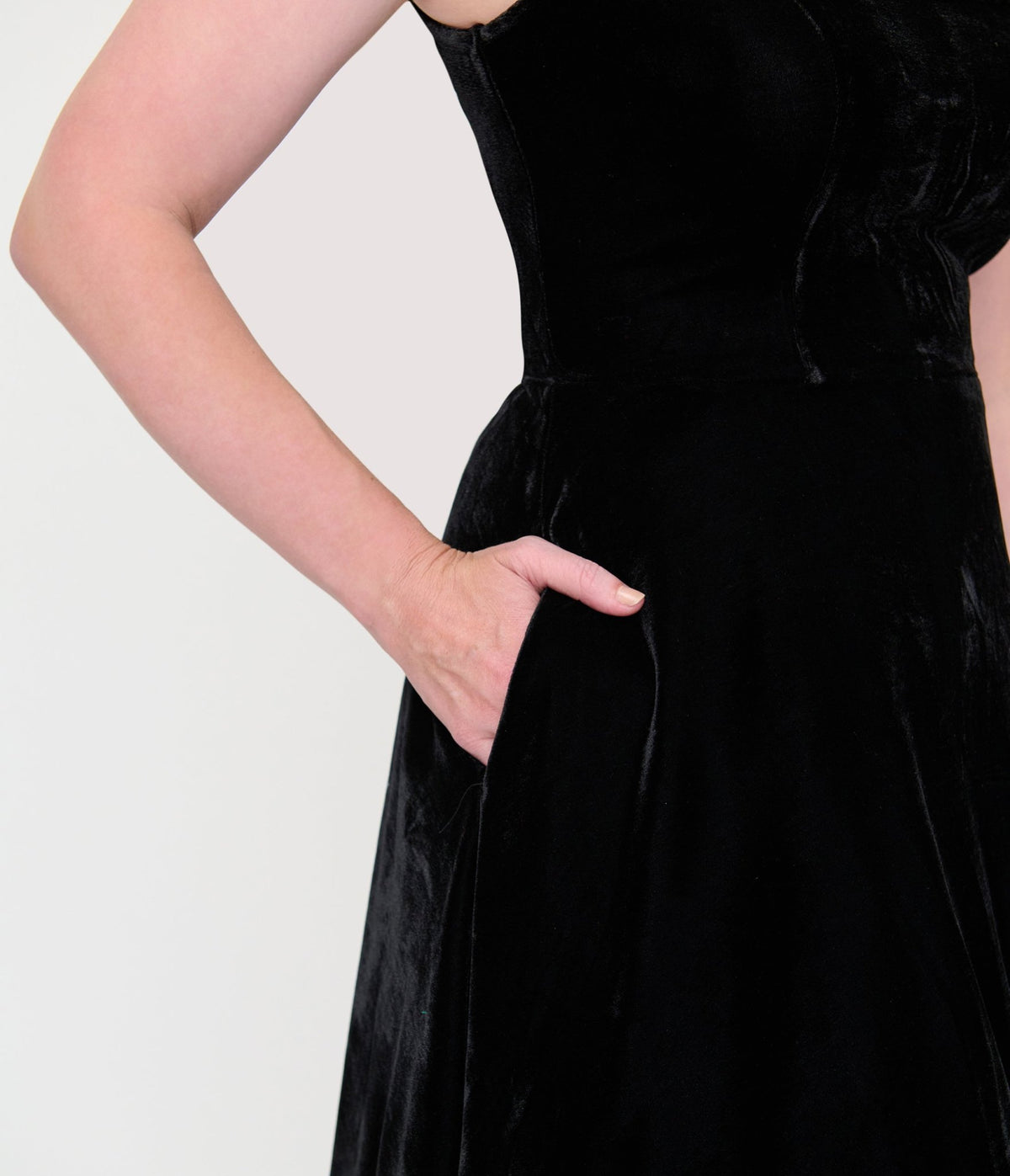 Unique Vintage Black Velvet Square Neck Pleated Sylvia Swing Dress - Unique Vintage - Womens, DRESSES, SWING