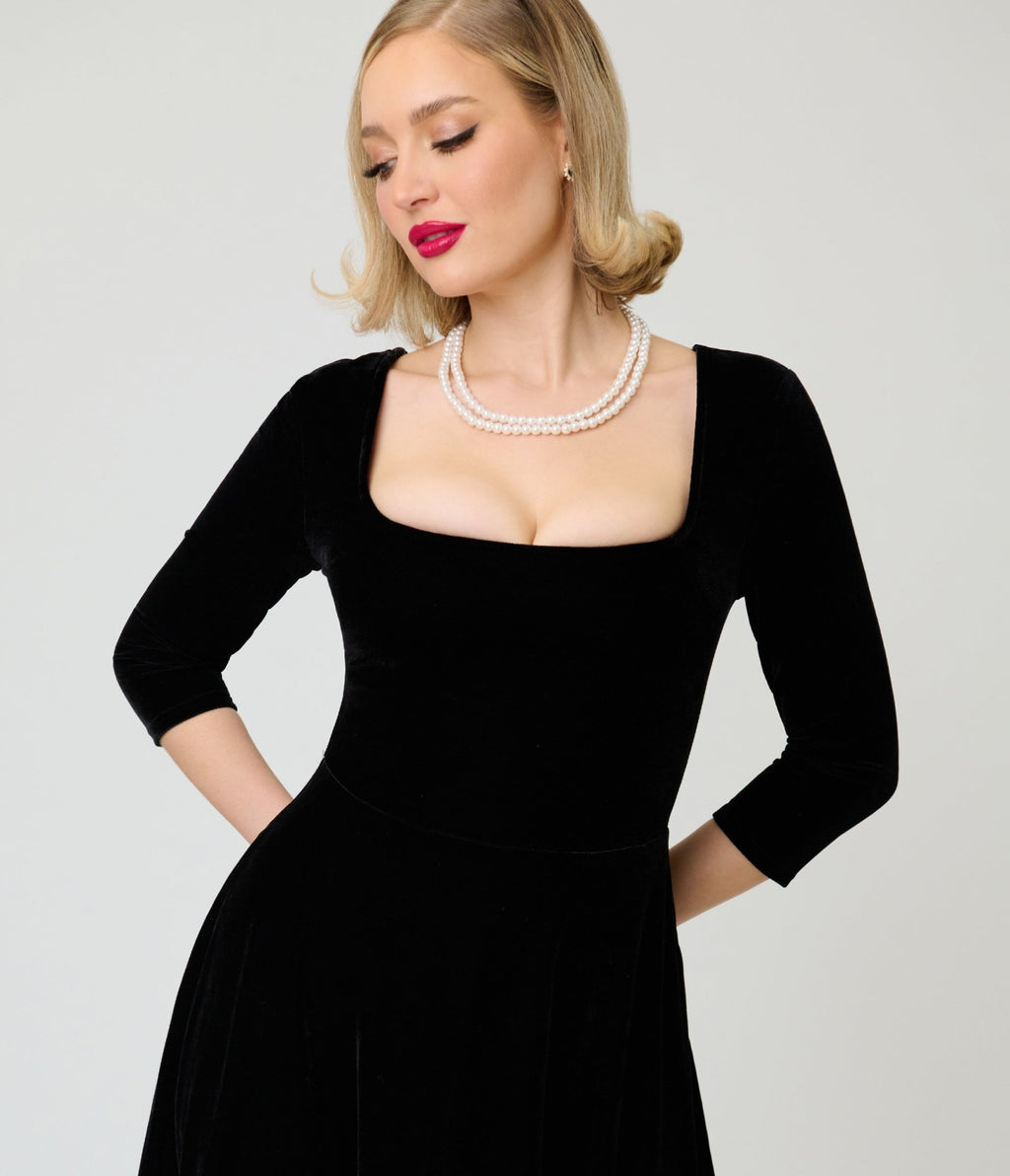 Unique Vintage Black Velvet Square Neck Wanda Swing Dress - Unique Vintage -