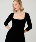 Unique Vintage Black Velvet Square Neck Wanda Swing Dress - Unique Vintage -