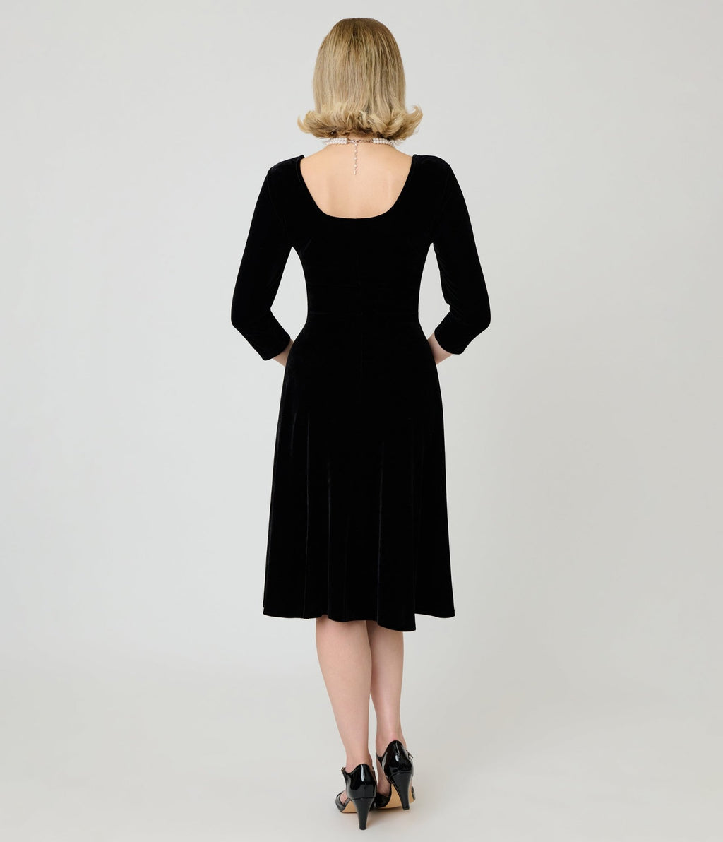 Unique Vintage Black Velvet Square Neck Wanda Swing Dress - Unique Vintage -