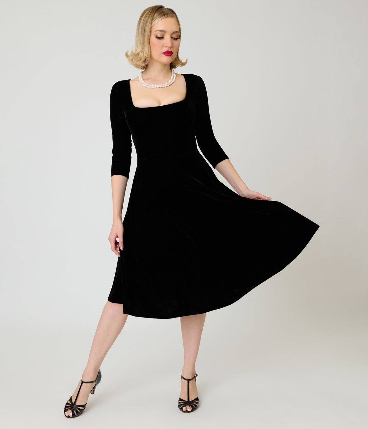 Unique Vintage Black Velvet Square Neck Wanda Swing Dress - Unique Vintage -