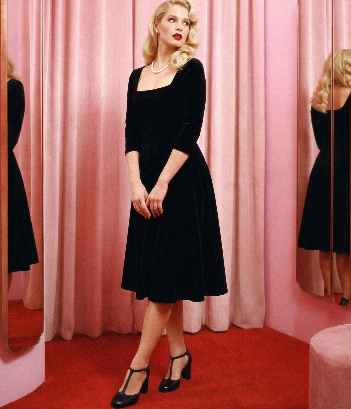 Unique Vintage Black Velvet Square Neck Wanda Swing Dress - Unique Vintage -