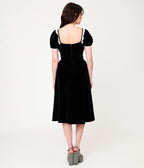 Unique Vintage Black Velvet Sweetheart Puff Sleeve Swing Dress - Unique Vintage - Womens, DRESSES, SWING